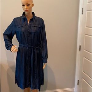 Loft denim dress  with tie waist, button front